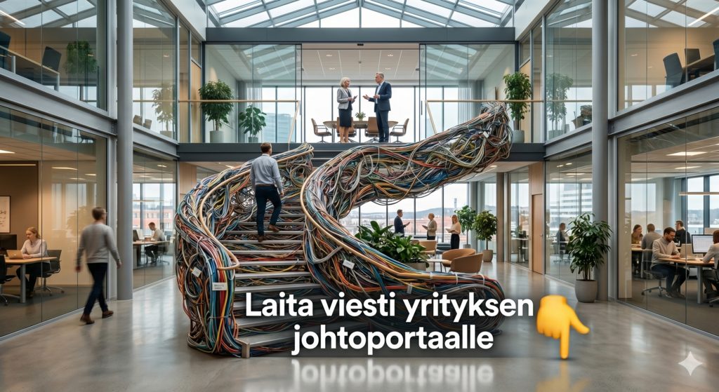 Kuvitus: toimiston portaikko, joka on rakennettu johdoista. Teksti: Laita viesti yrityksen johtoportaalle.